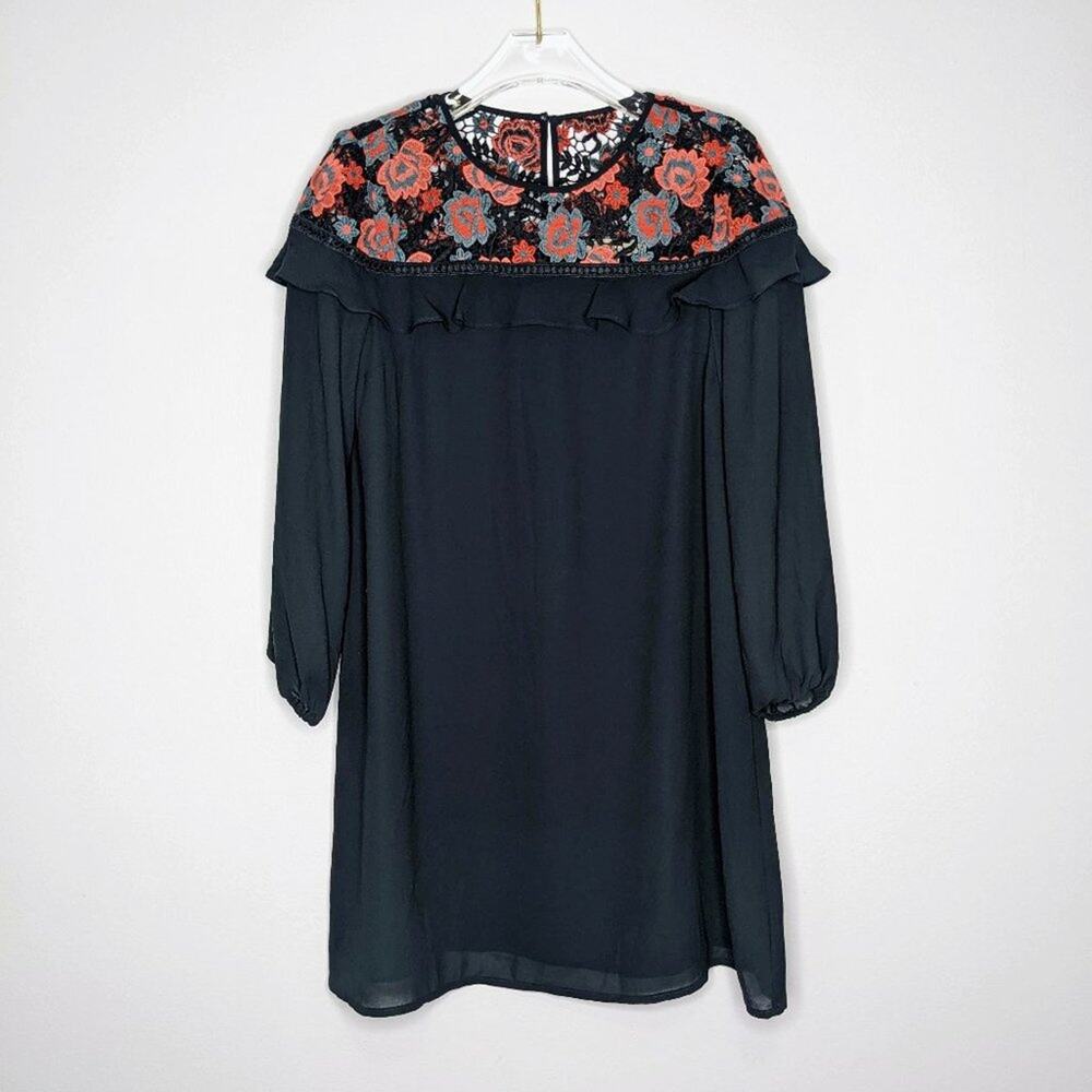 Loft Black Long Sleeve Dress Floral Lace Neckline Ruffle Trim Size XS NWT